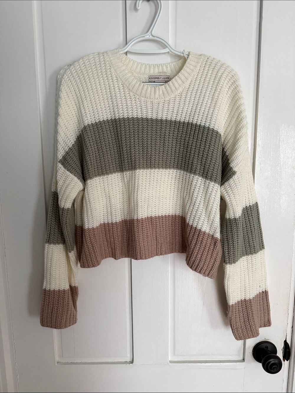 Sincerely Jules Cream, Olive & Brown Striped Cropped Crewneck Sweater